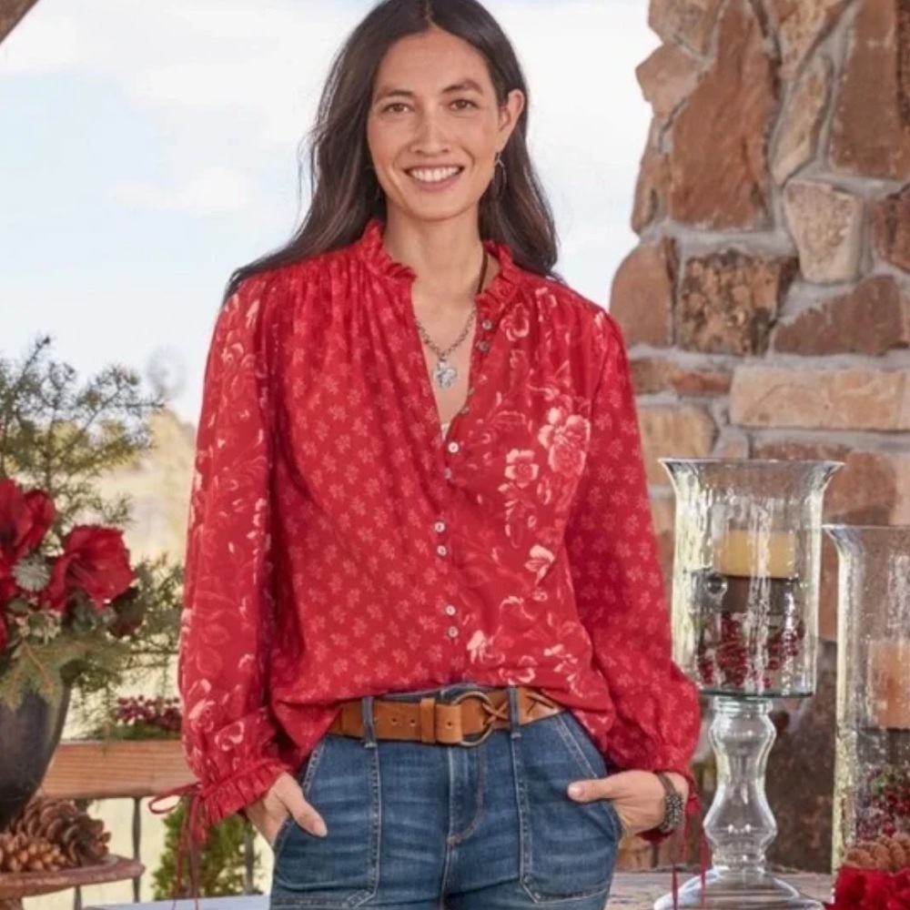 Sundance Janica Floral Peasant Puff Sleeve Blouse Red size XS